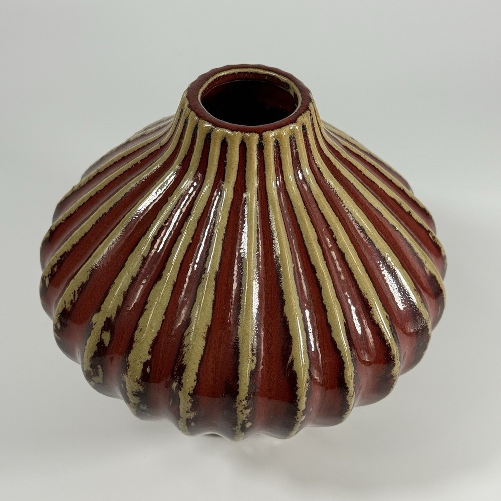 Global Views Art Pottery Decorative Vase Red Glazed Ribbed Mid Century Modern - Picture 5 of 9